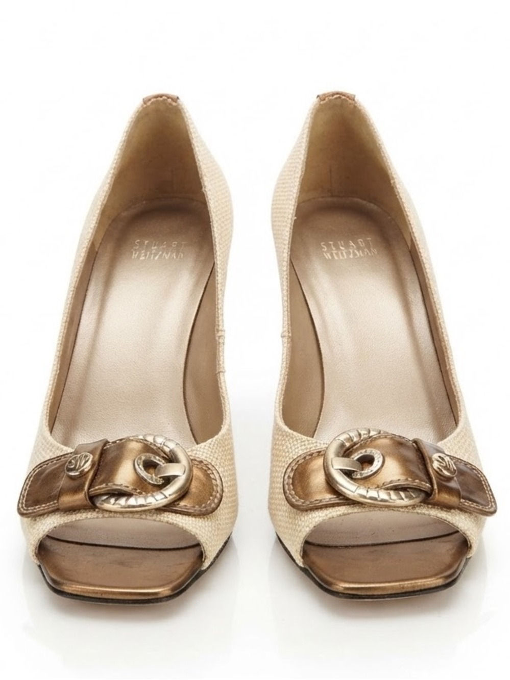 Stuart Weitzman Y2K Gold Metallic Buckle Peep Toe Pumps Shoes Size 8.5 N